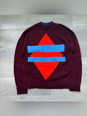 Diesel Men's Burgundy Crewneck Sweater with Red Diamond and Blue Stripes - A16